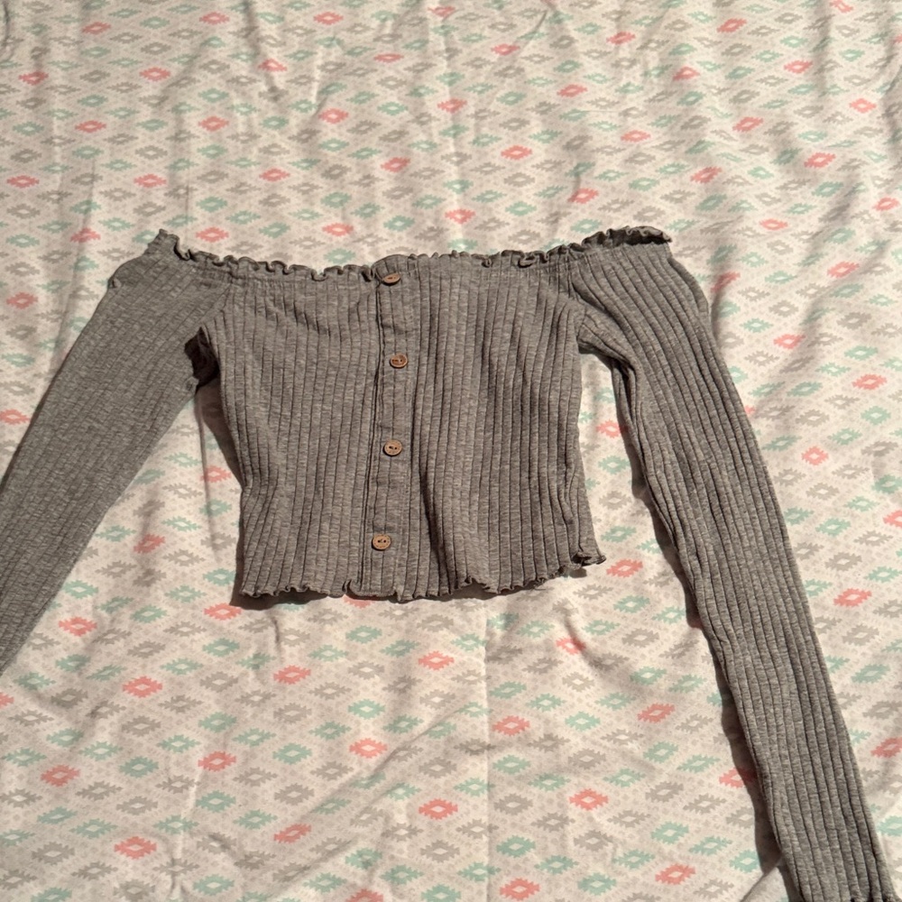 SHEIN Gray Ribbed Off-Shoulder Crop Top